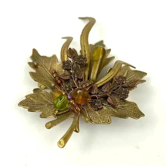 VTG Bronze Tone Maple Leave Metal Brooch Pin Beaded 90s - Picture 3 of 10